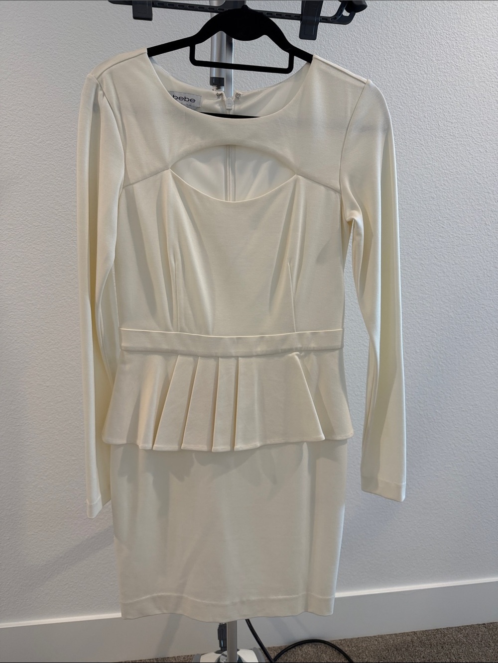 bebe Cream Long-Sleeve Peplum Dress with Sweetheart Bodice